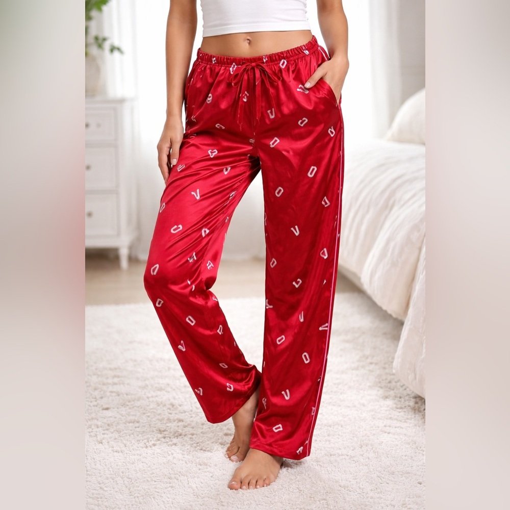 Victoria’s Secret Red Satin Pajama Pants LOVE Print Valentine Sleepwear Size L